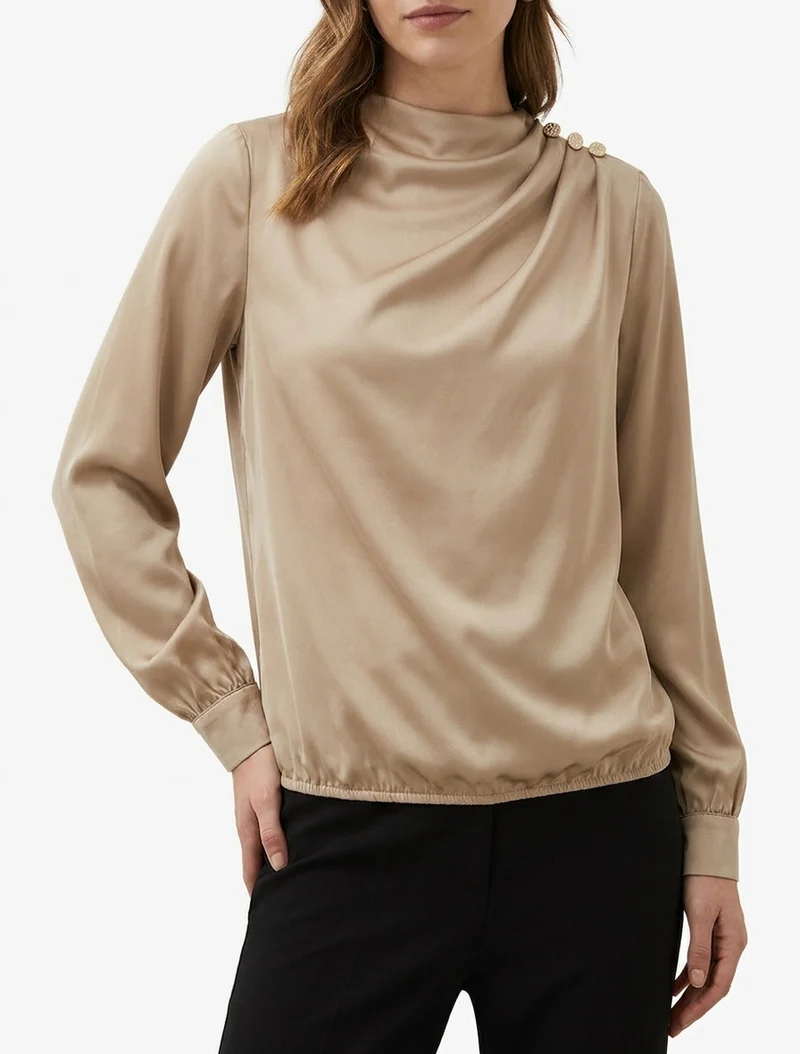Satinierte Oberteil mit Wasserfallausschnitt und Knöpfen. - Beige