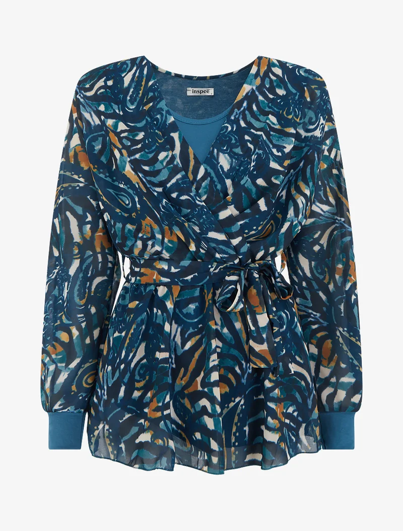 Cache-Cœur-Top mit stilisiertem Paisleymuster - Entenblau