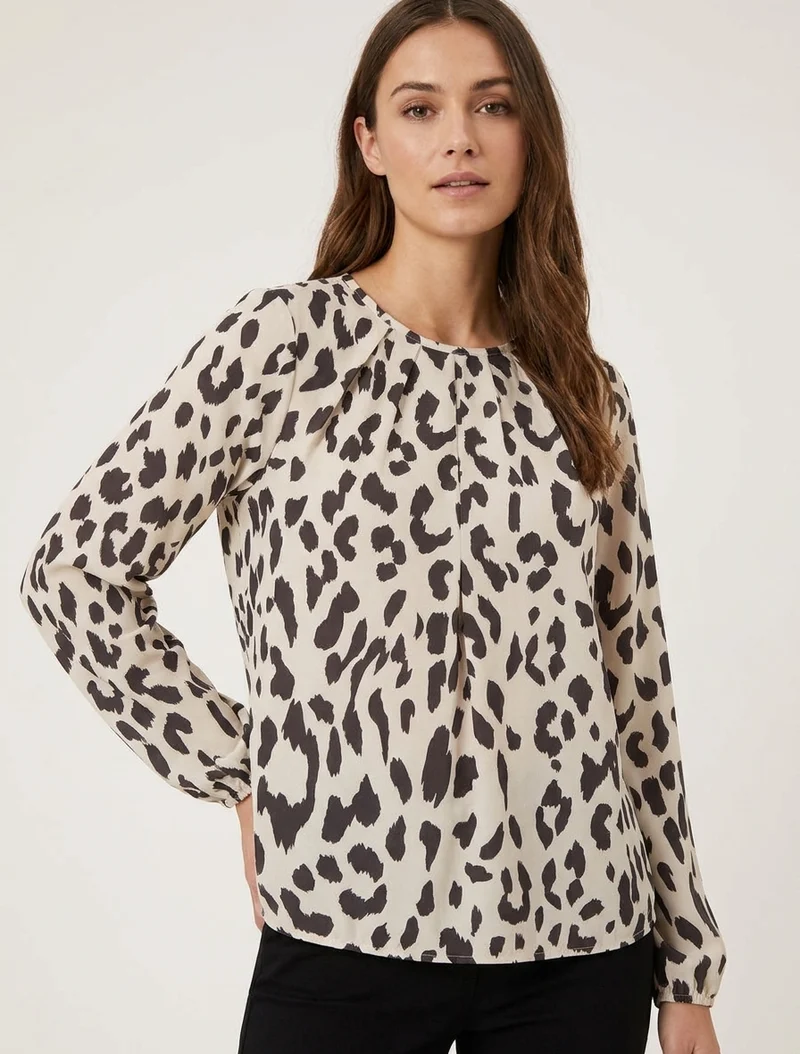 Rundhalsausschnitt Bluse mit Kuhdruck - Braun