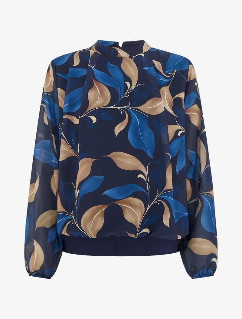 Bluse mit Blattdruck und elastischen Manschetten. - Marine