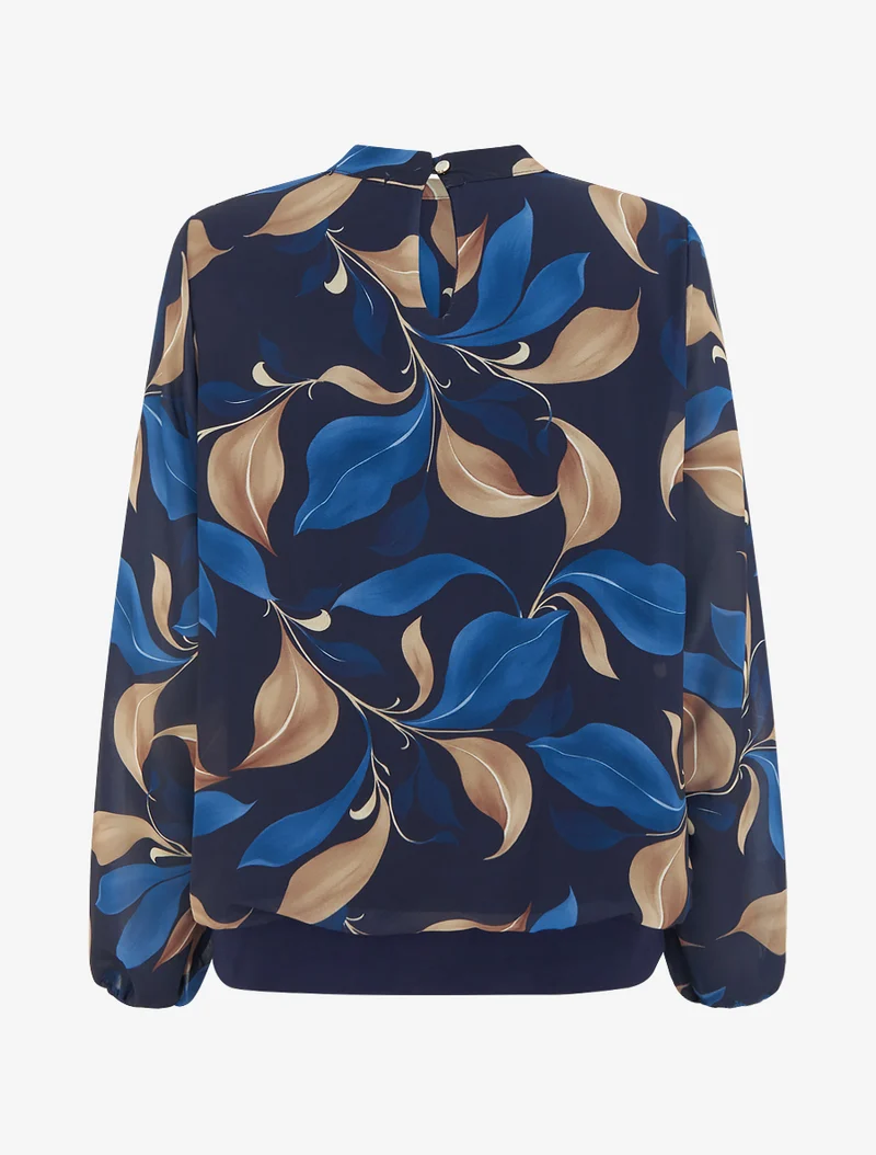 Bluse mit Blattdruck und elastischen Manschetten. - Marine