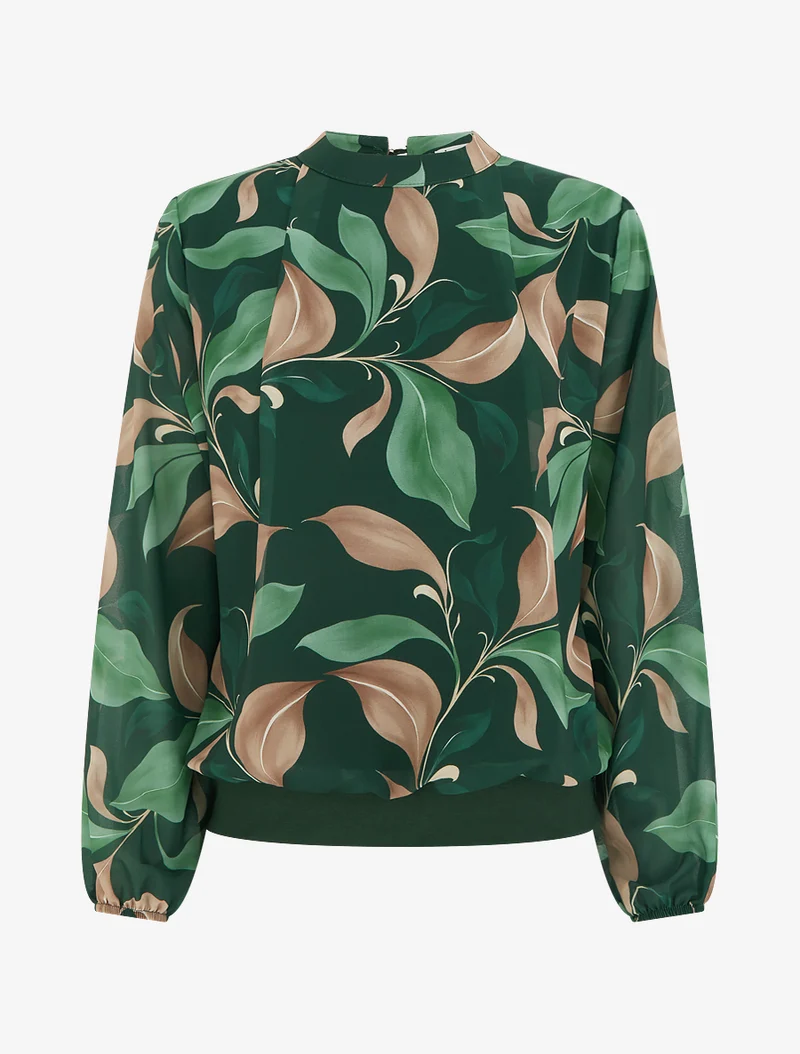 Bluse mit Blattdruck und elastischen Manschetten. - Tannengrün