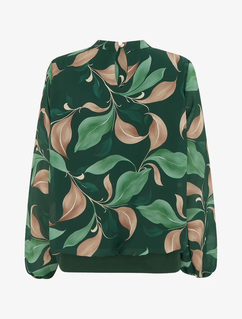 Bluse mit Blattdruck und elastischen Manschetten. - Tannengrün