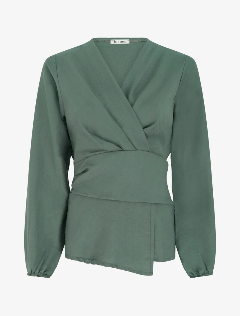Einfarbige Bluse mit Wickelausschnitt - Dunkles Khaki