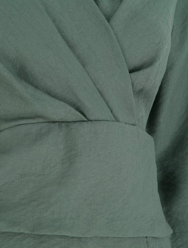 Einfarbige Bluse mit Wickelausschnitt - Dunkles Khaki