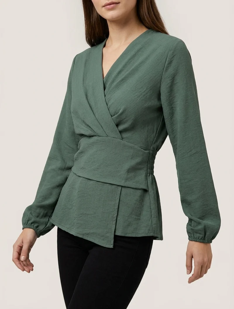 Einfarbige Bluse mit Wickelausschnitt - Dunkles Khaki