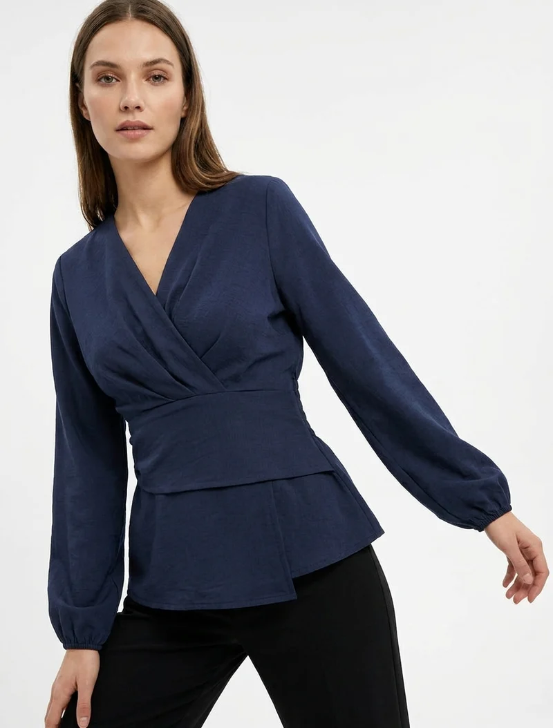 Einfarbige Bluse mit Wickelausschnitt - Marine