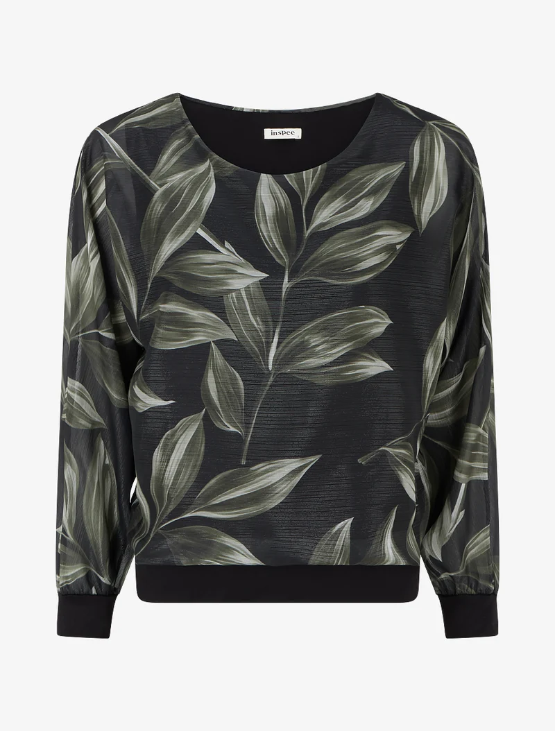 Bluse mit Blattmuster und schimmerndem Detail - Schwarz