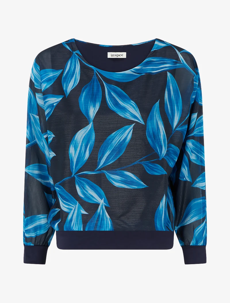 Bluse mit Blattmuster und schimmerndem Detail - Marine