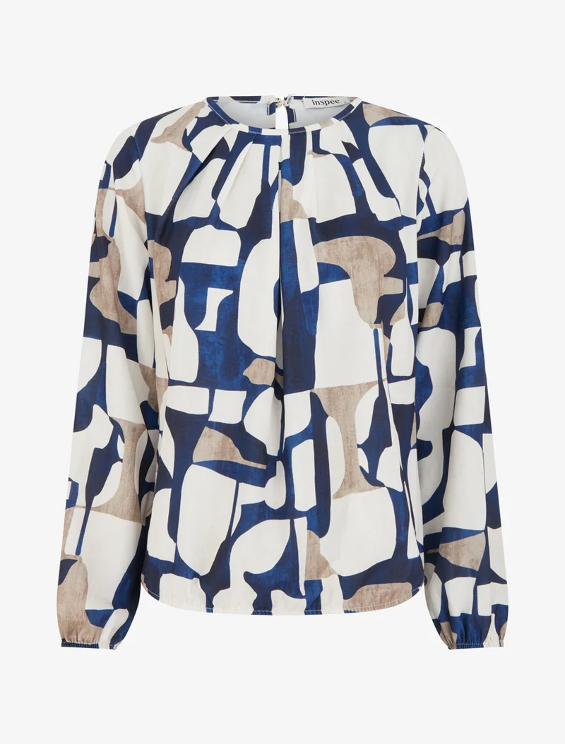 Retro bedruckte Bluse mit Rundhalsausschnitt - Marine