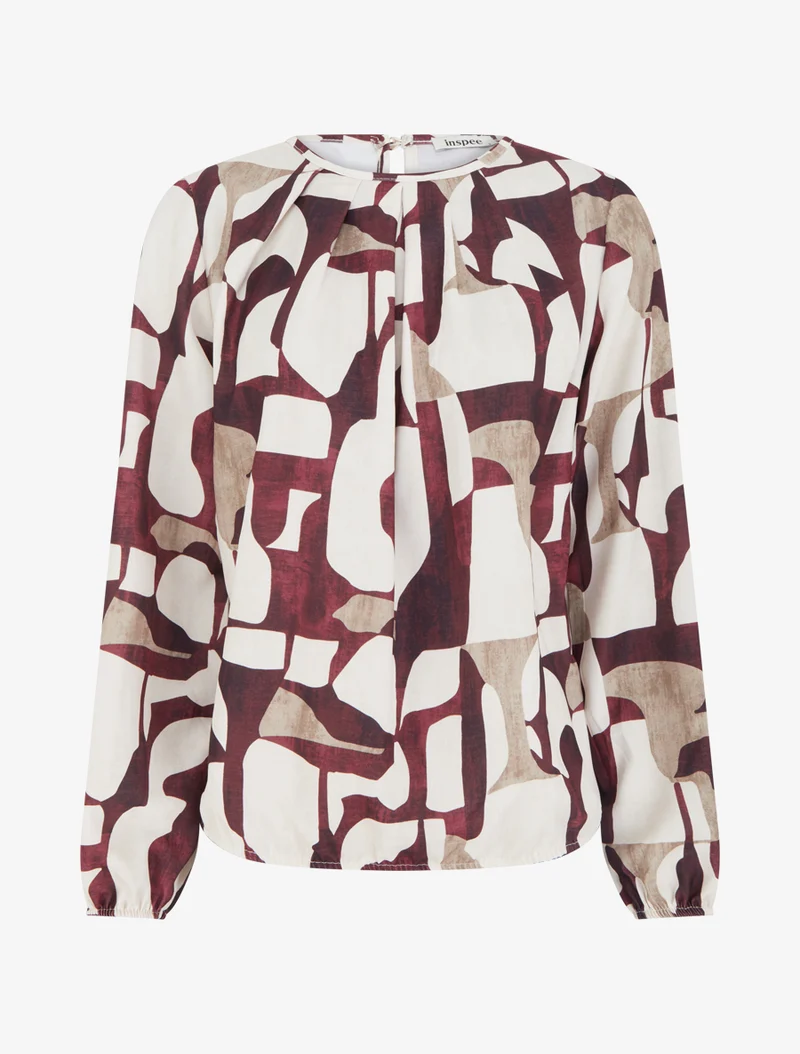 Retro bedruckte Bluse mit Rundhalsausschnitt - Bordeaux