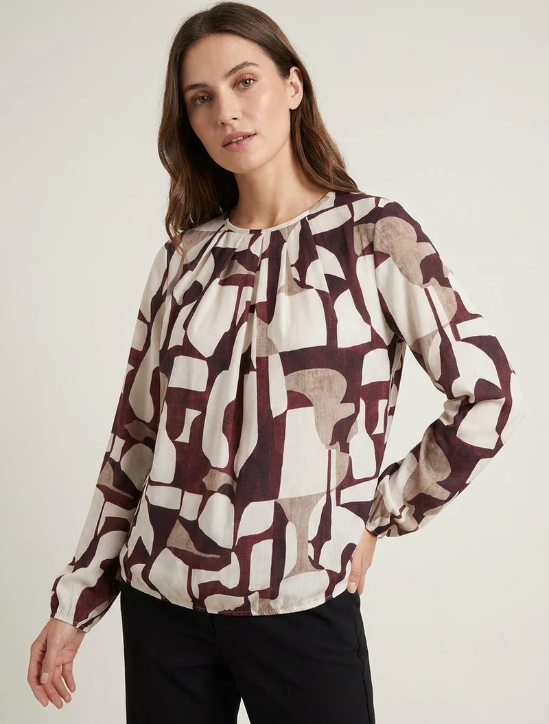 Retro bedruckte Bluse mit Rundhalsausschnitt - Bordeaux