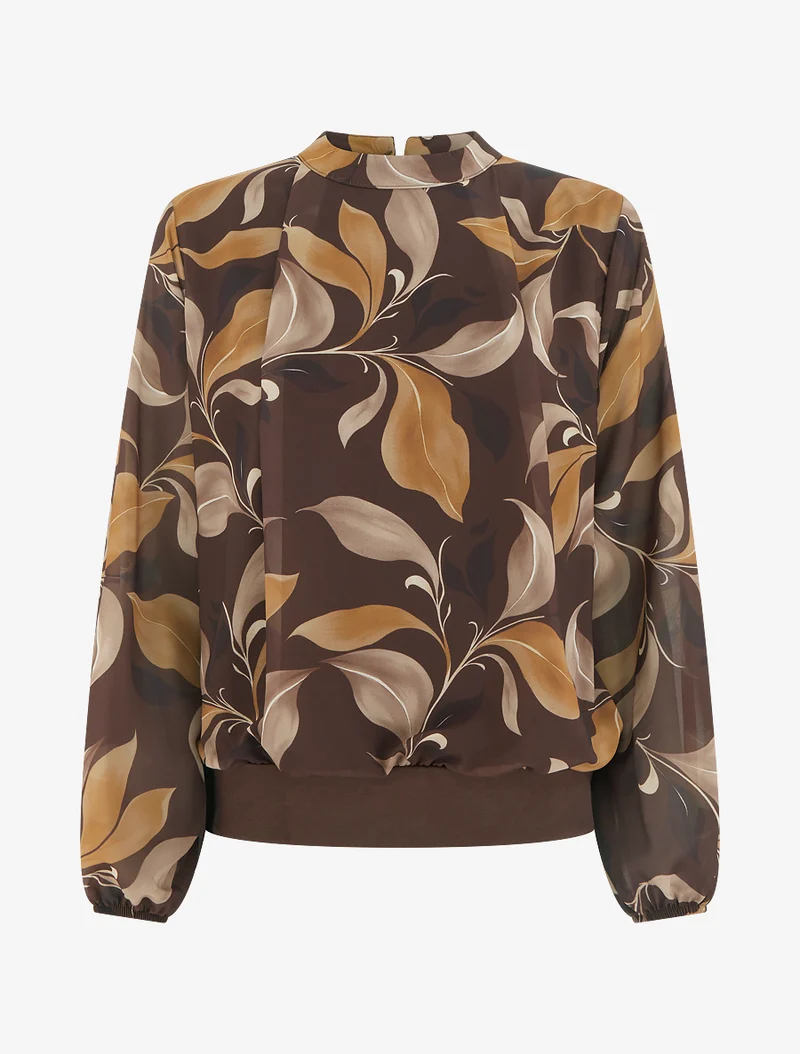 Bluse mit Blattdruck und elastischen Manschetten. - Braun