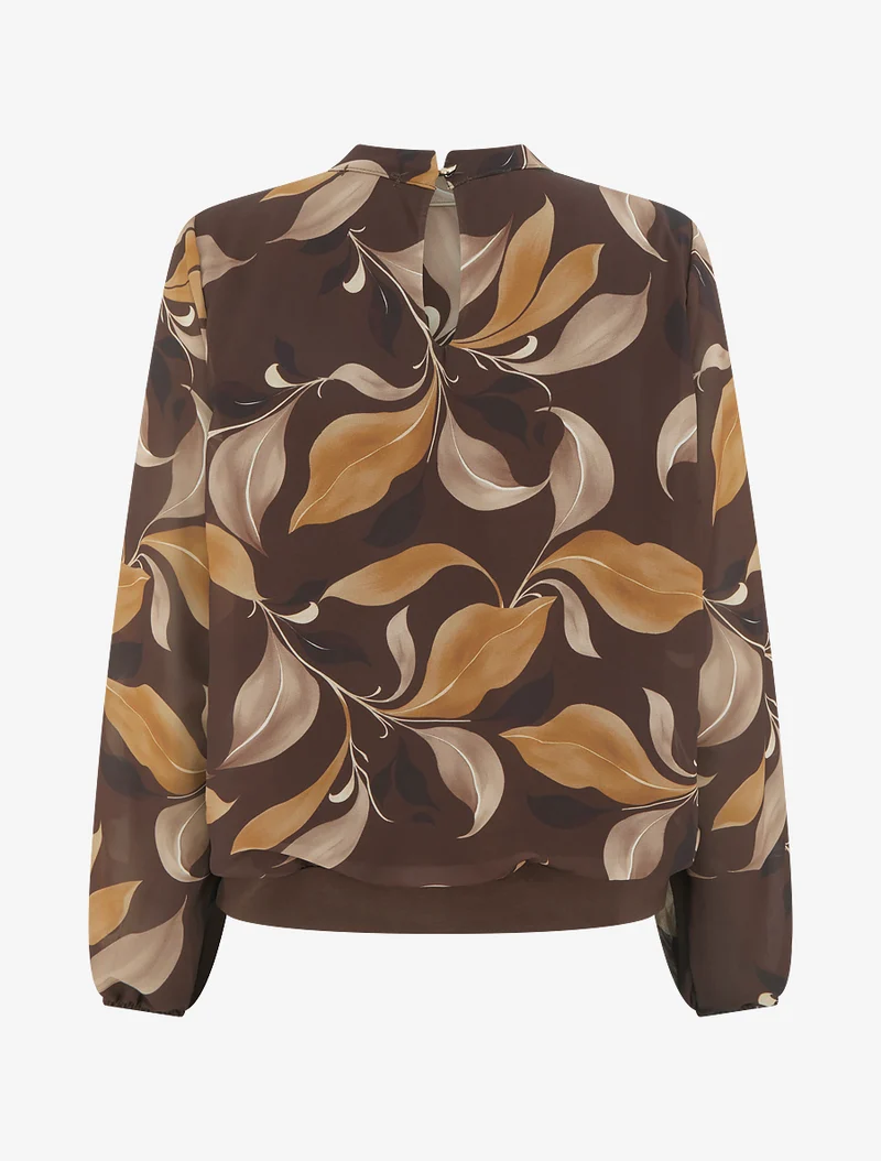 Bluse mit Blattdruck und elastischen Manschetten. - Braun