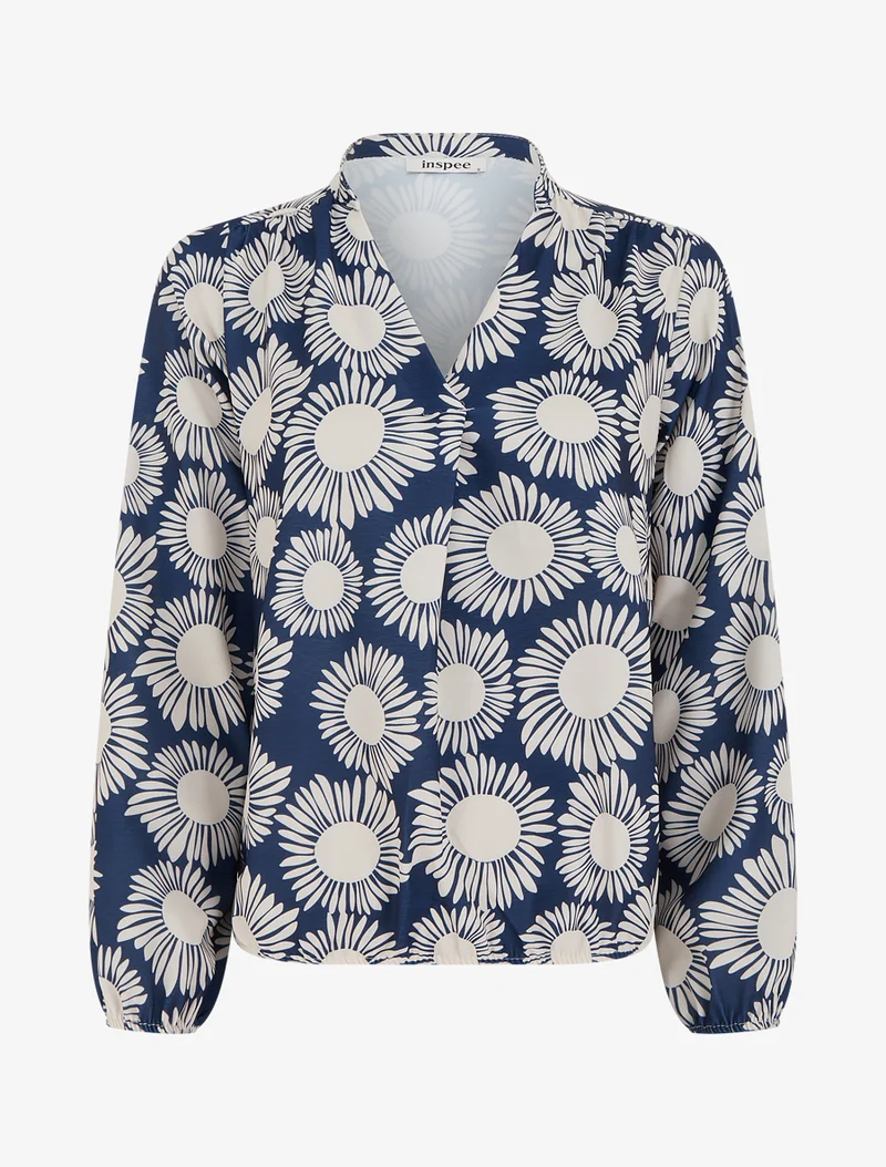 Bluse mit Blumenmuster und elastischen Bündchen. - Marine