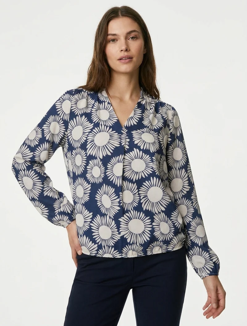 Bluse mit Blumenmuster und elastischen Bündchen. - Marine