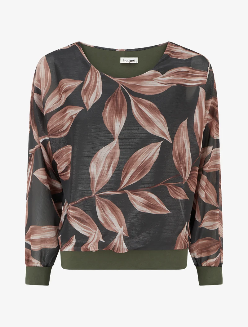 Bluse mit Blattmuster und schimmerndem Detail - Dunkles Khaki