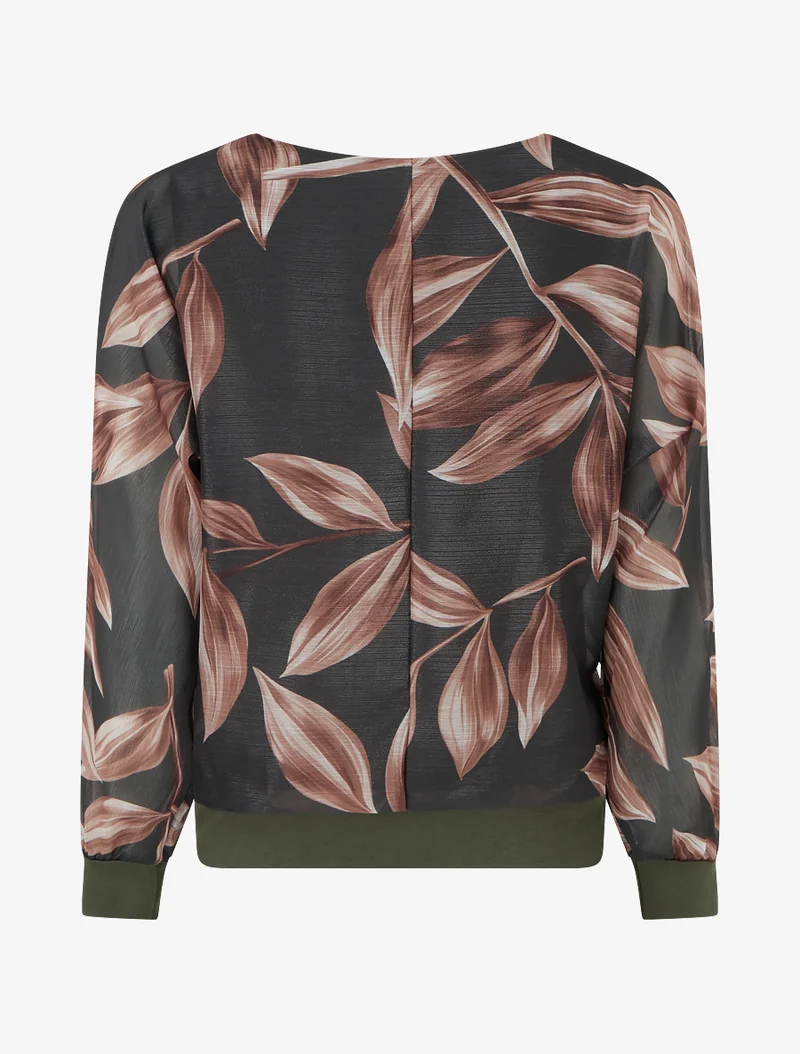 Bluse mit Blattmuster und schimmerndem Detail - Dunkles Khaki