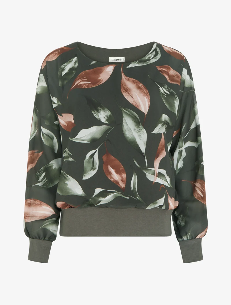 Top mit Blätterdruck und Fledermausärmeln - Dunkles Khaki