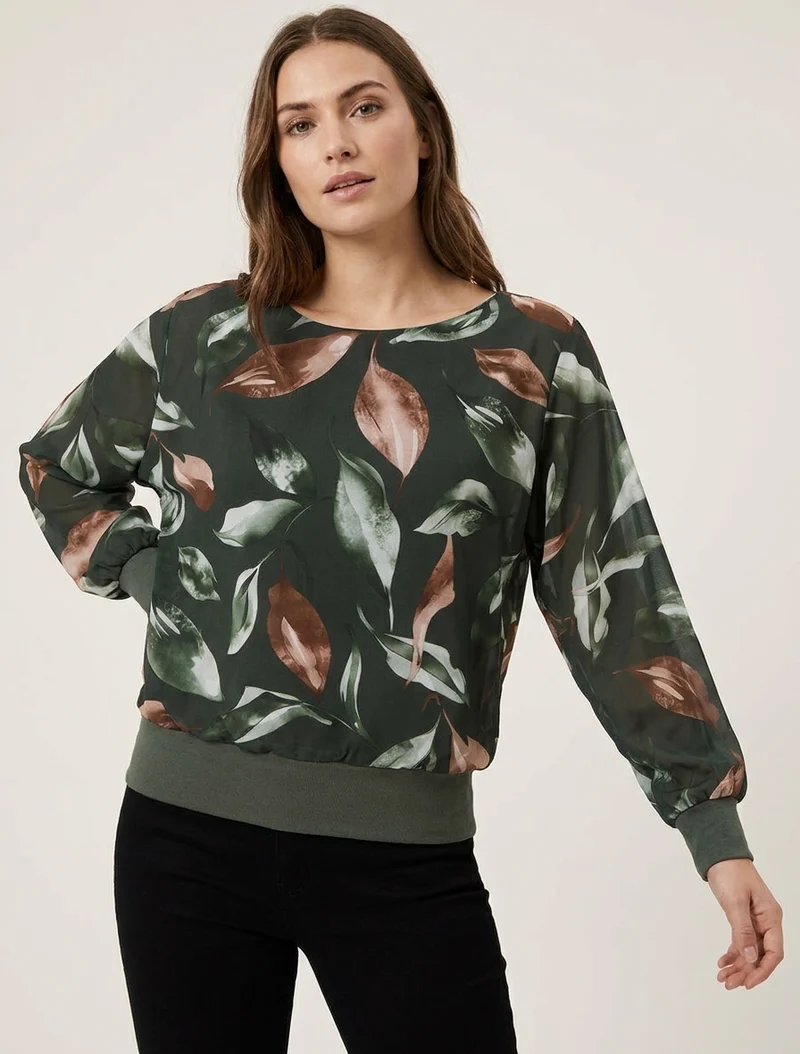 Top mit Blätterdruck und Fledermausärmeln - Dunkles Khaki