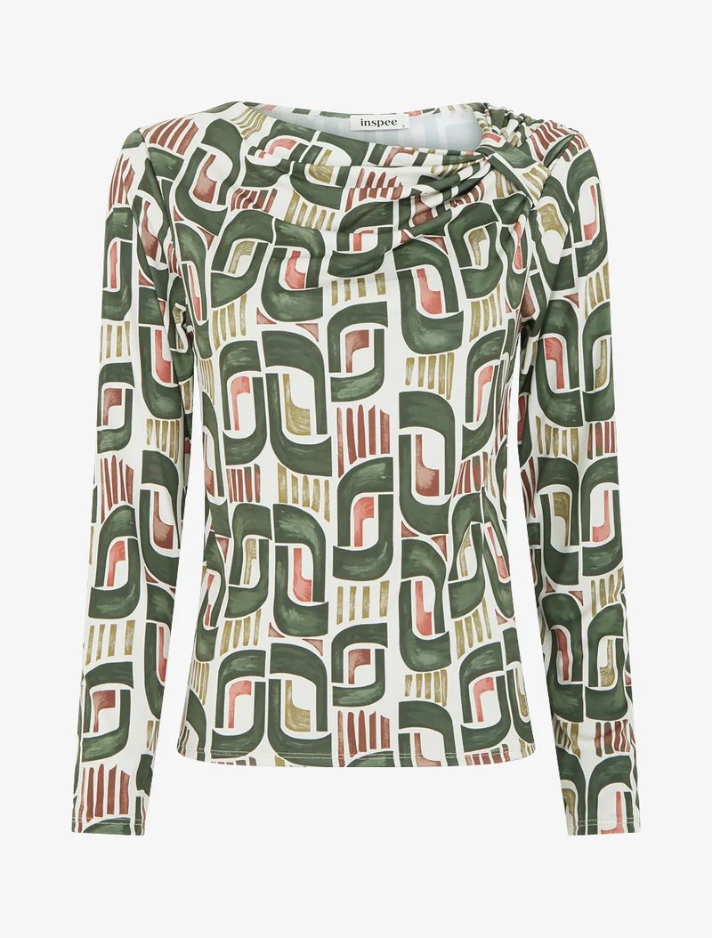 Retro bedrucktes Langarm-Top - Kaki