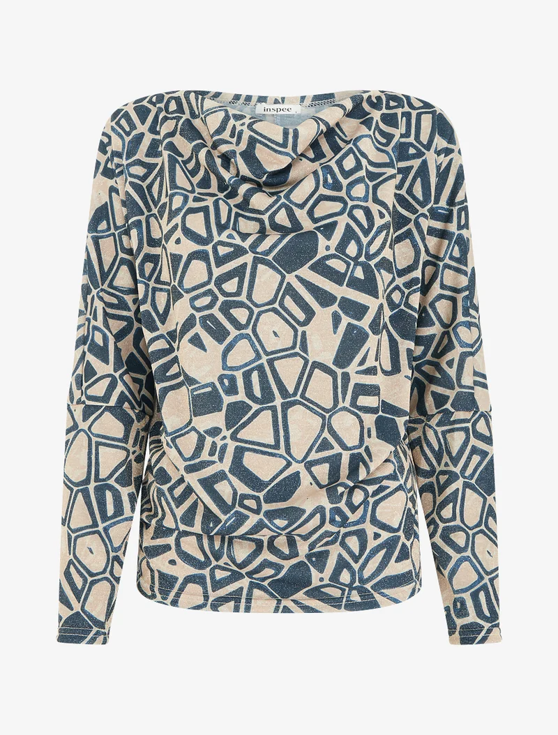 Irisierendes Top mit Wasserfallausschnitt und grafischem Print - Entenblau