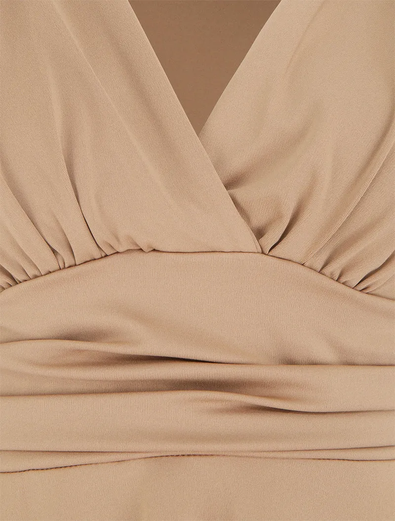 Langärmeliges Skaterkleid mit geraffter Taille - Helles Kamel