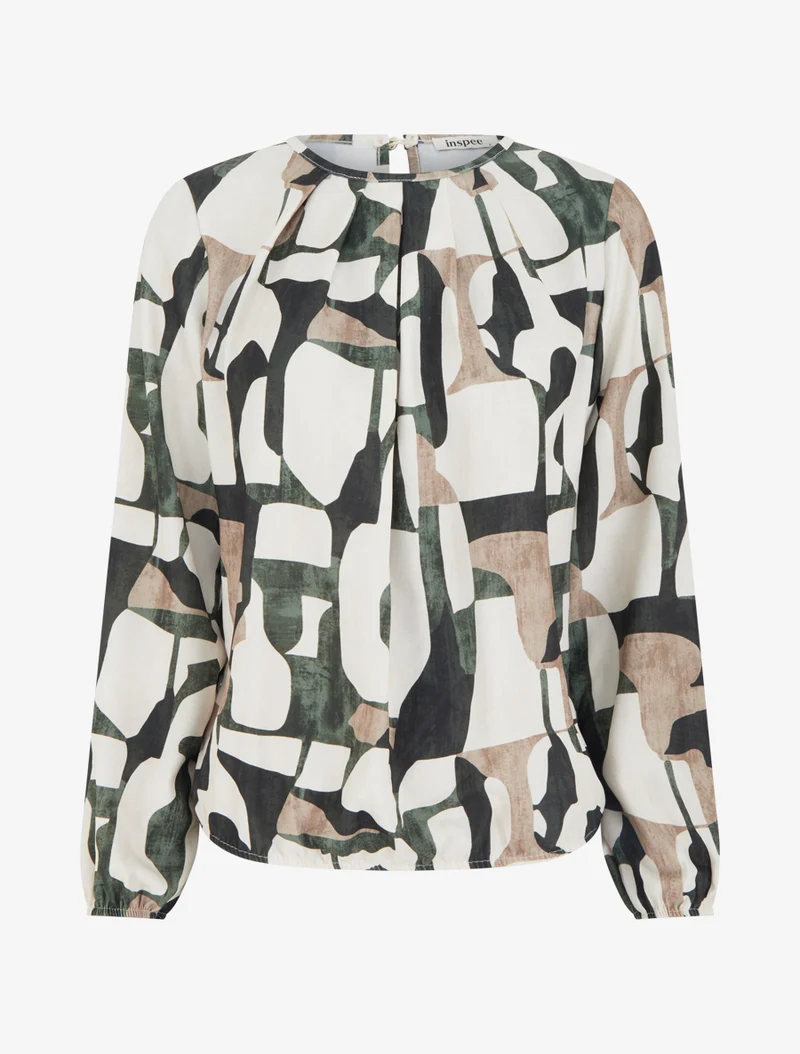 Retro bedruckte Bluse mit Rundhalsausschnitt - Kaki