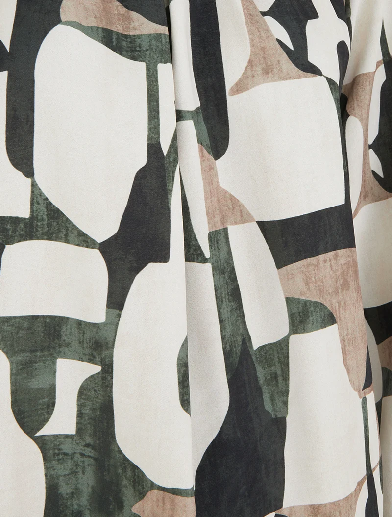Retro bedruckte Bluse mit Rundhalsausschnitt - Kaki
