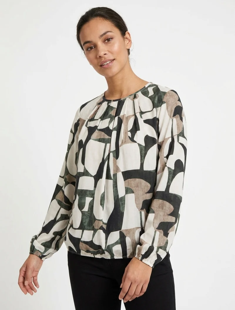 Retro bedruckte Bluse mit Rundhalsausschnitt - Kaki