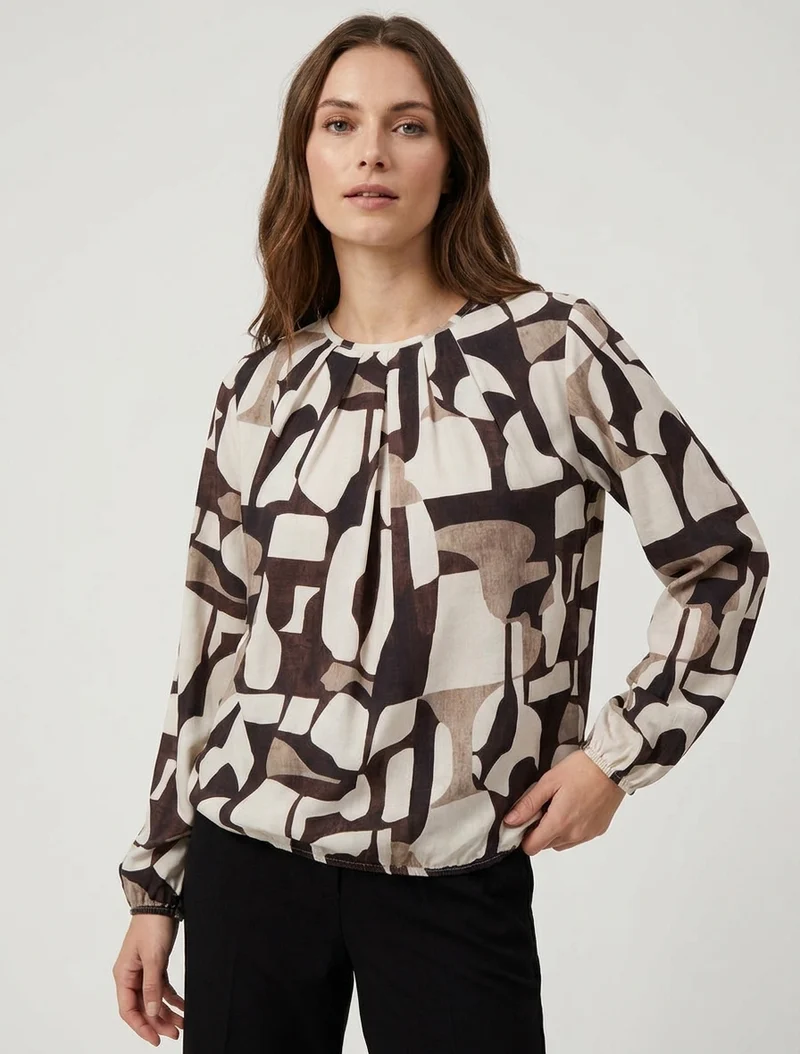 Retro bedruckte Bluse mit Rundhalsausschnitt - Braun