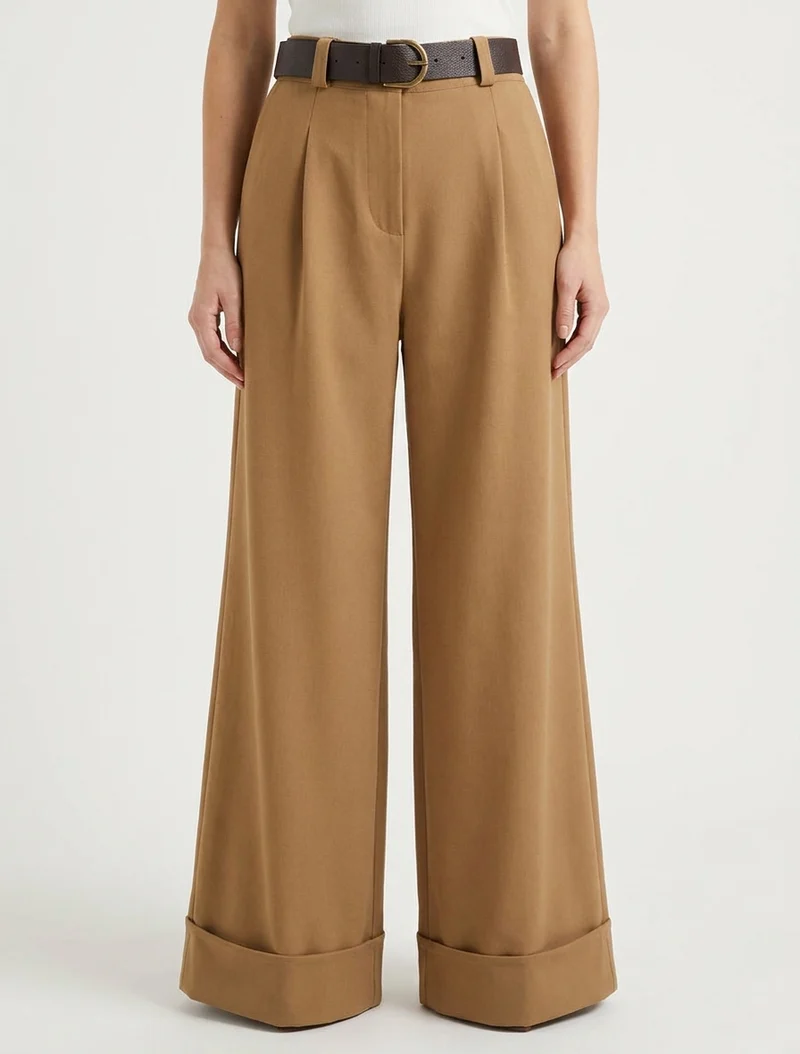 Hose mit hoher Taille und Umschlag - Kamel