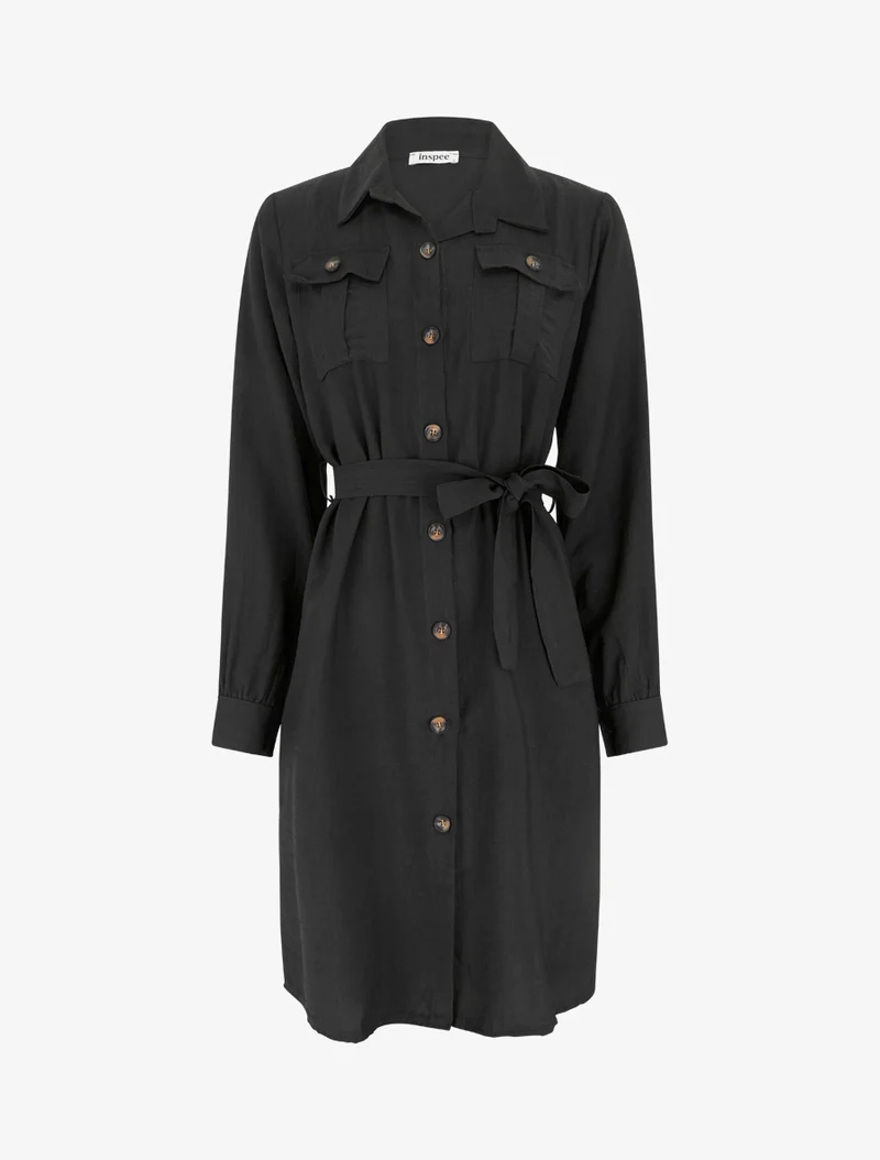 Einfarbiges Hemdkleid zum Binden - Schwarz