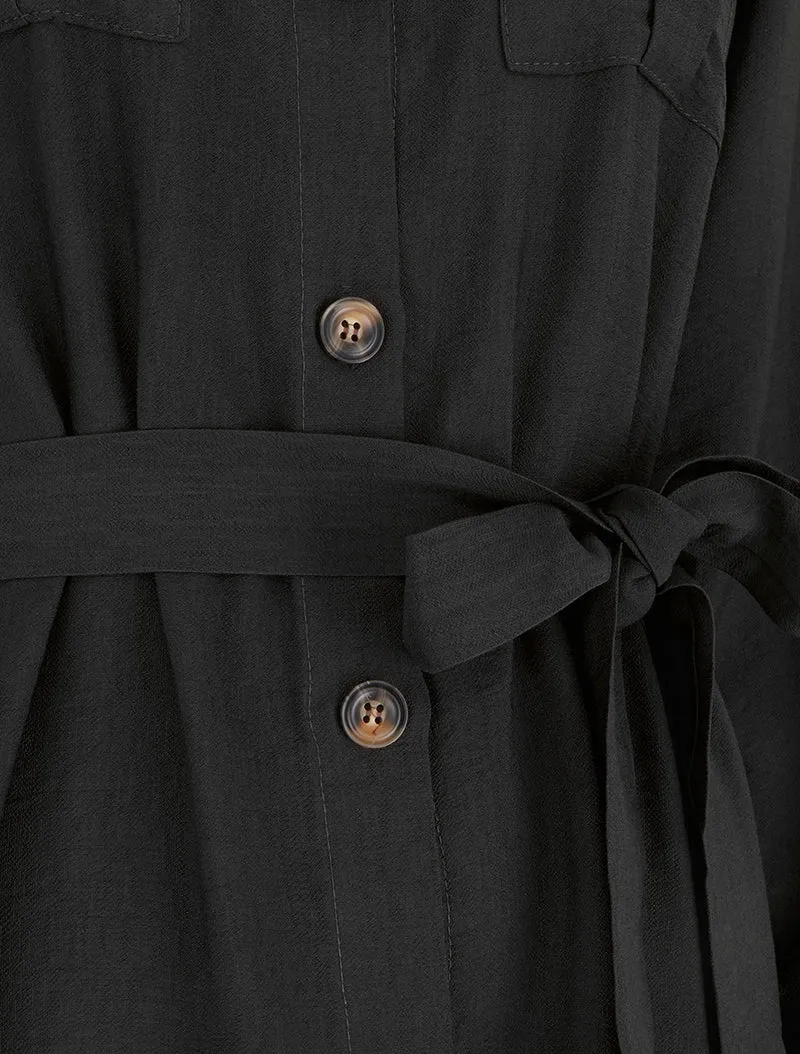 Einfarbiges Hemdkleid zum Binden - Schwarz