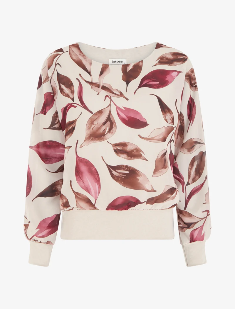 Top mit Blätterdruck und Fledermausärmeln - Beige