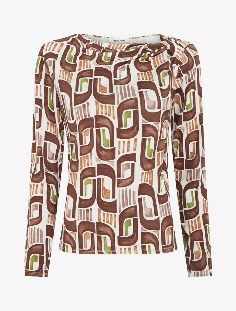 Retro bedrucktes Langarm-Top - Braun