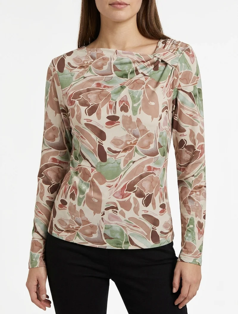 Langärmliges Oberteil mit Blumenmuster - Beige