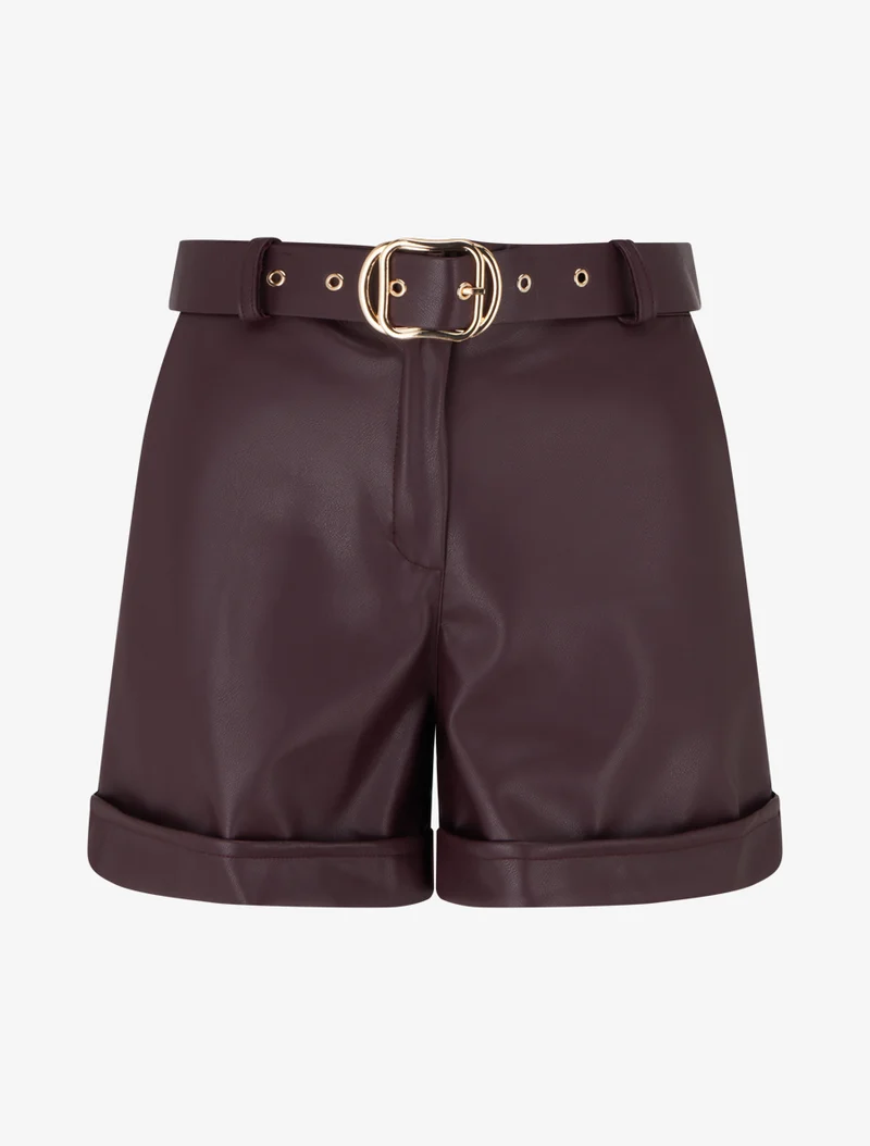 Shorts aus Kunstleder mit Umschlag - Pflaume