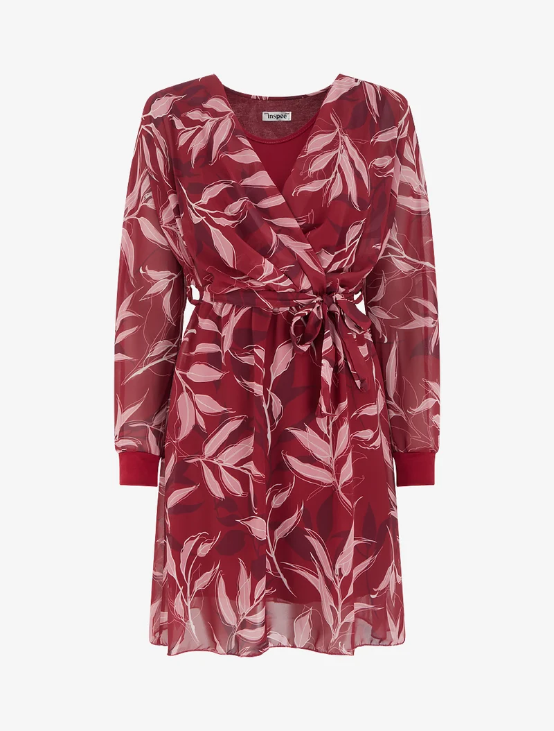Gerades Kleid mit Blätterdruck - Bordeaux