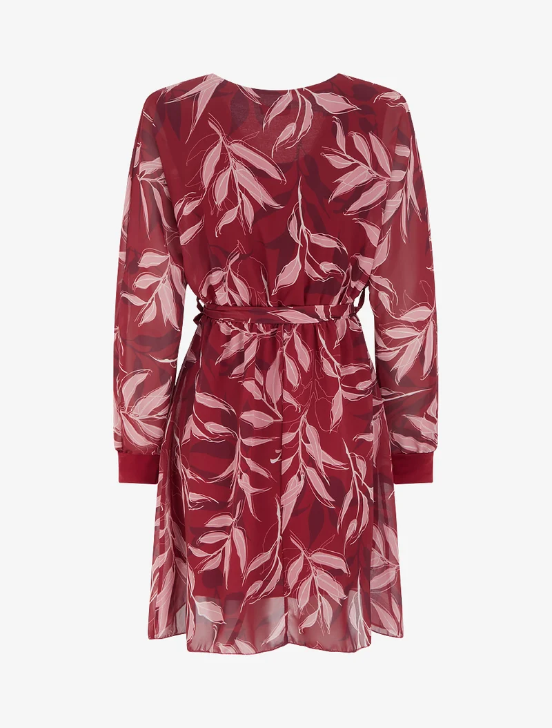 Gerades Kleid mit Blätterdruck - Bordeaux