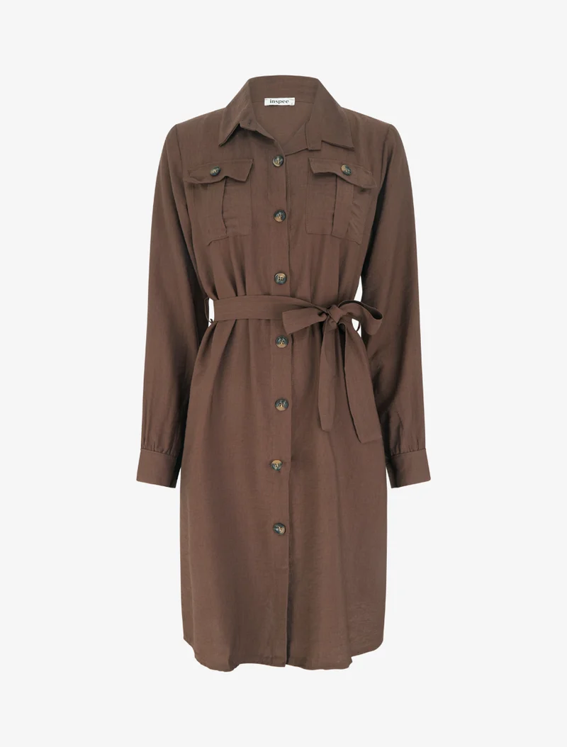 Einfarbiges Hemdkleid zum Binden - Braun