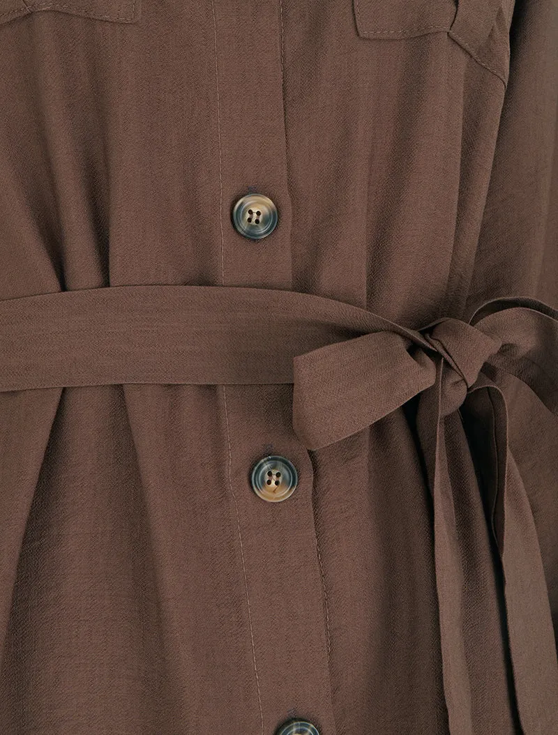 Einfarbiges Hemdkleid zum Binden - Braun