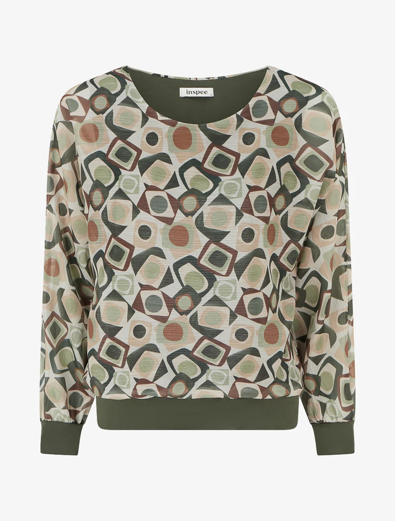 Retro bedruckte Bluse mit schimmerndem Detail - Kaki
