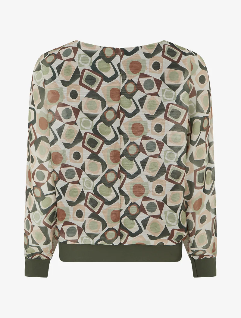 Retro bedruckte Bluse mit schimmerndem Detail - Kaki