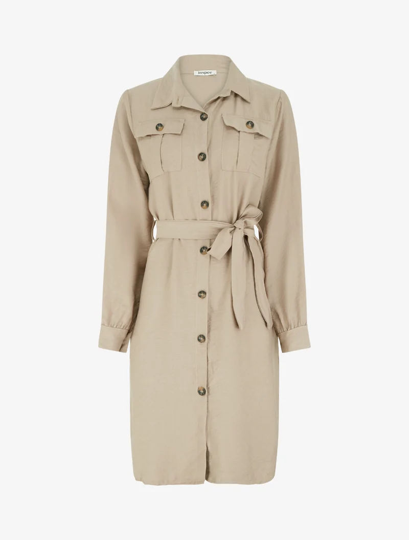 Einfarbiges Hemdkleid zum Binden - Beige