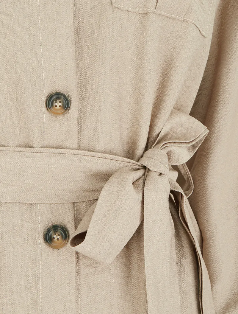 Einfarbiges Hemdkleid zum Binden - Beige