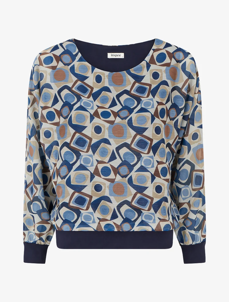 Retro bedruckte Bluse mit schimmerndem Detail - Marine