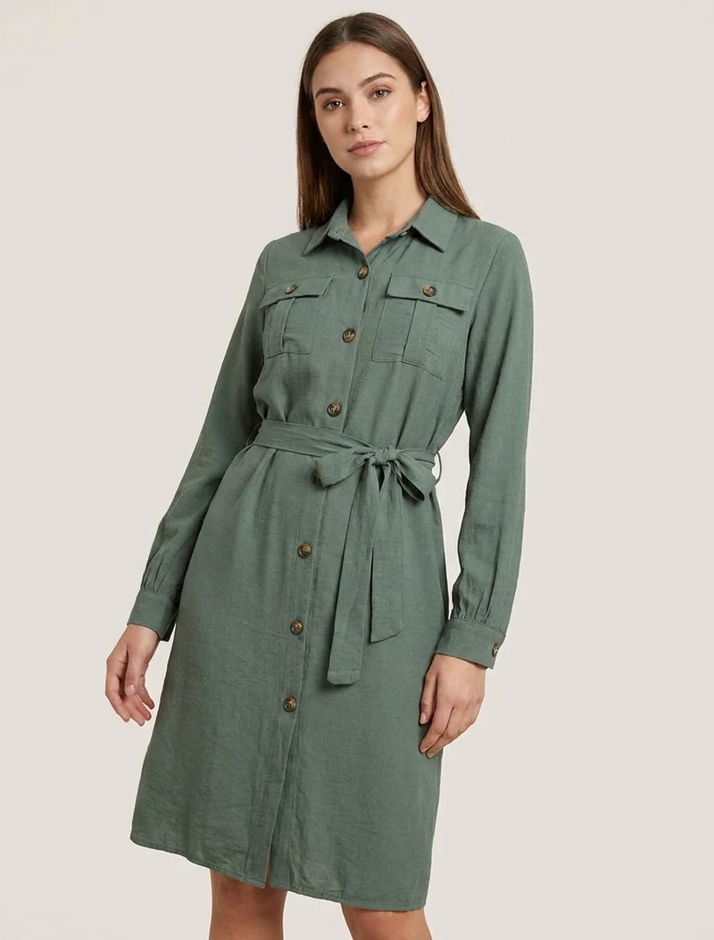 Einfarbiges Hemdkleid zum Binden - Kaki