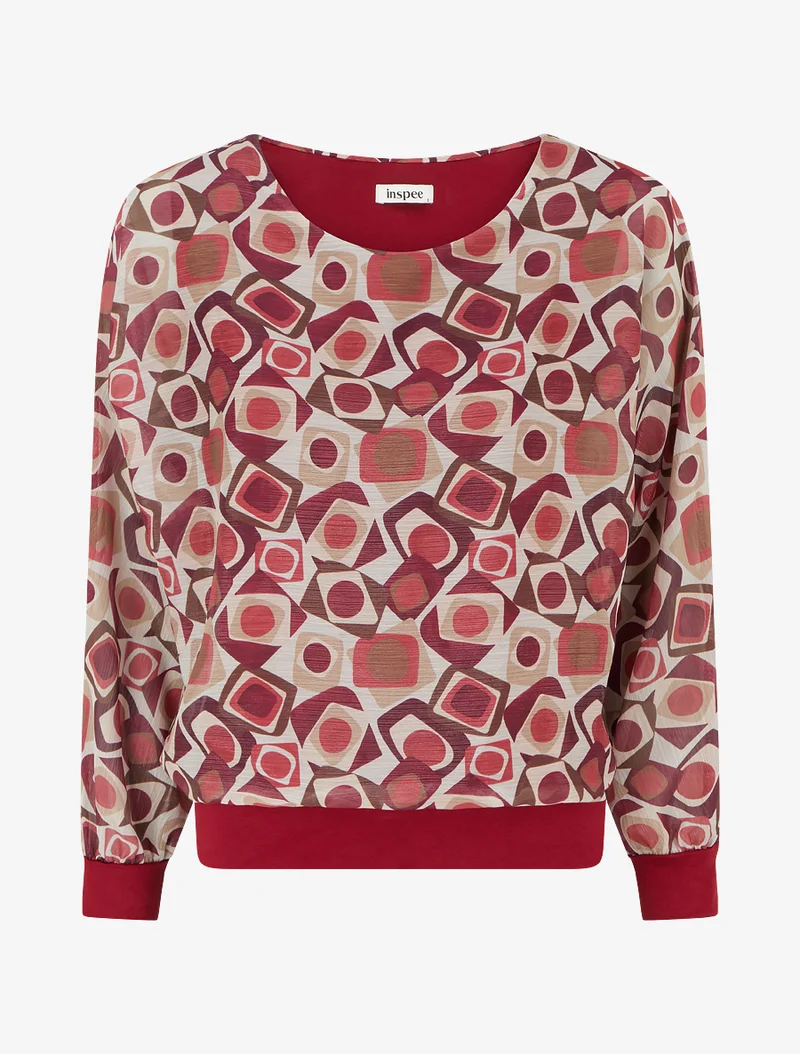 Retro bedruckte Bluse mit schimmerndem Detail - Bordeaux