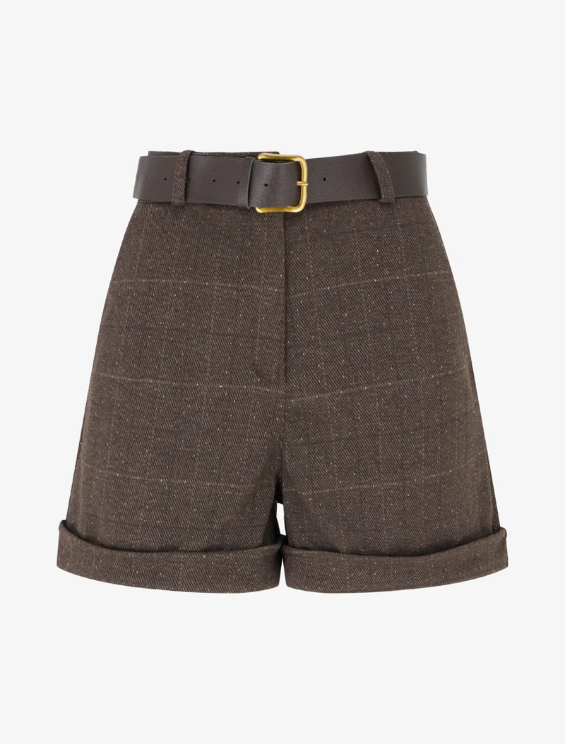 Karierte High-Waist-Shorts - Braun